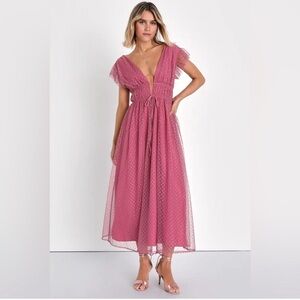 Lulus Yours Evermore Mauve Swiss Dot Ruffled Midi (size M)